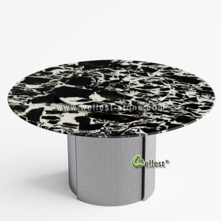 Luxury Bulgari Black Stone Round Dining Table | Custom Exotic Natural Stone Furniture